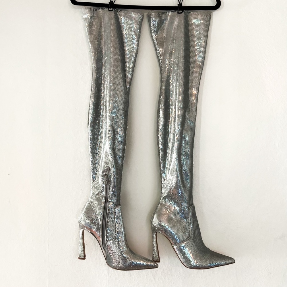 Steve Madden Laddy Pointed-Toe Over-The-Knee High Heel Boots - Silver Sequin - 8 - Picture 6 of 11